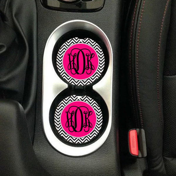 Pink & Black Chevron Monogram Sandstone Car Coasters