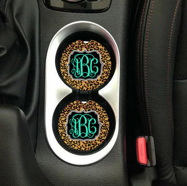 Leopard Print Monogram Sandstone Car Coasters