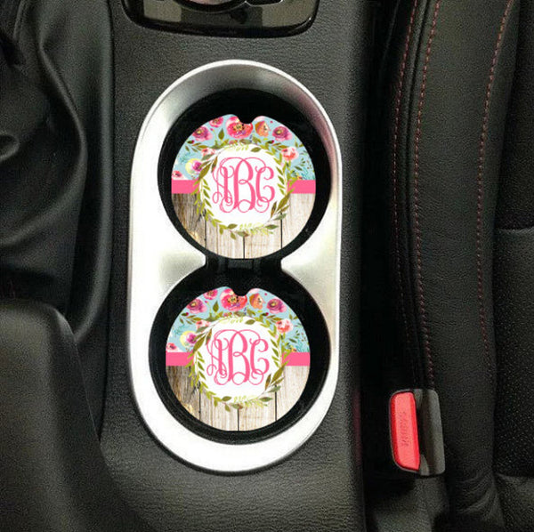 Pink Watercolor Floral Sandstone Car Coasters