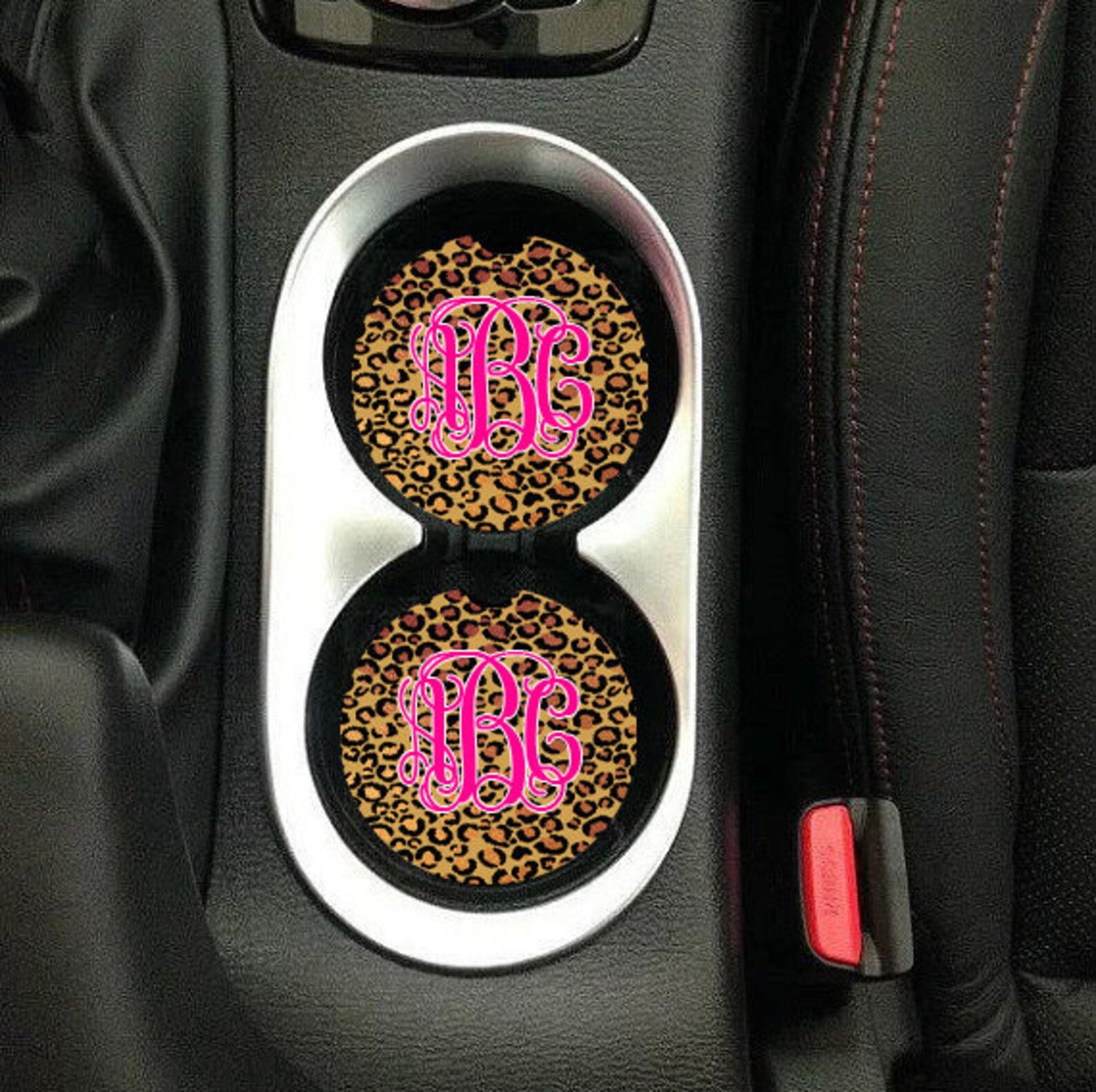 Leopard Print Monogram Sandstone Car Coasters