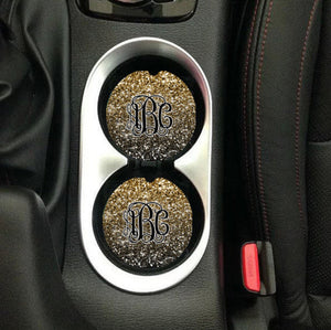 Black & Gold Glitter Ombre` Monogram Sandstone Car Coasters