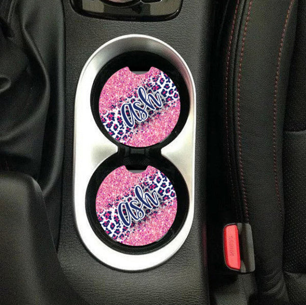 Navy Blue Hot Pink Leopard Glitter Sandstone Car Coasters