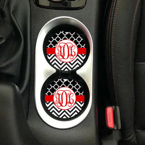 Red & Black Quatrefoil Chevron Sandstone Car Coasters