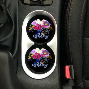 Black Floral Drop Sandstone Car Coasters