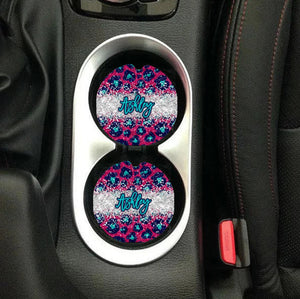 Pink, Teal, Navy Glitter Leopard Sandstone Car Coasters