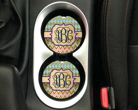 Pink, Mint, Gold, Navy Monogram Sandstone Car Coasters