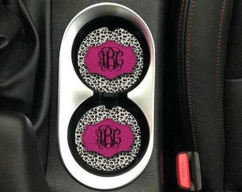 Leather White Leopard with Pink Sandstone Car Coasters