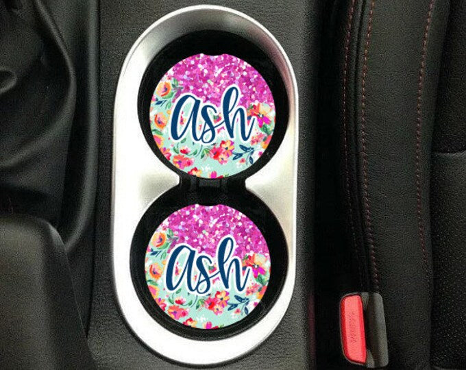 Bright Pink Floral Glitter Sandstone Car Coasters