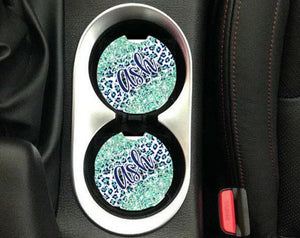 Navy Blue Mint Green Leopard Sandstone Car Coasters