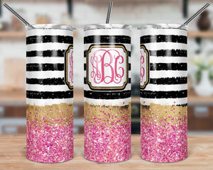 Black, Pink, and Gold Striped Glitter Skinny Tumbler