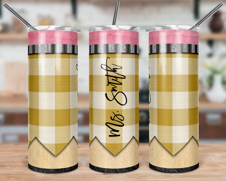 Yellow Gingham Buffalo Plaid Teacher Pencil Skinny Tumbler