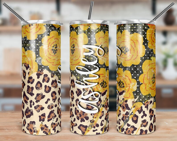 Boho Yellow Floral Leopard Print Skinny Tumbler