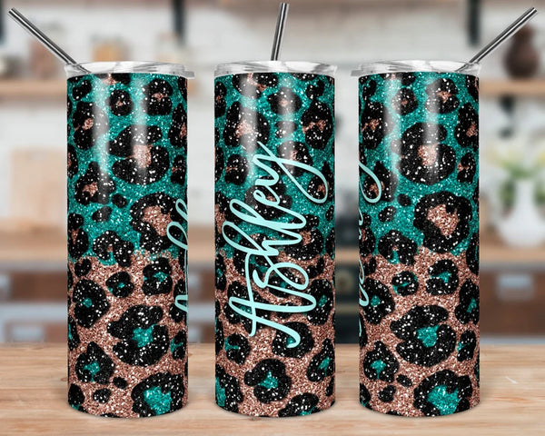 Turquoise and Rose Gold Glitter Leopard Skinny Tumbler