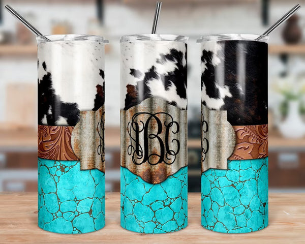 Cow Print and Turquoise Skinny Tumbler