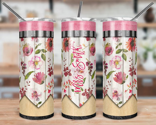 Pink Floral Teacher Pencil Skinny Tumbler