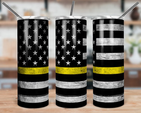 American Flag, Blue, Red, Green, and Yellow Line Skinny Tumbler