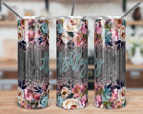 Indigo, Blue, and Pink Wooden Floral Tumbler