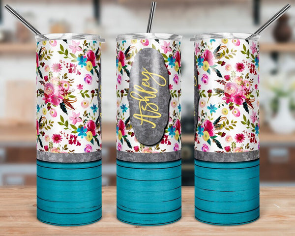 Floral Turquoise Wooden Skinny Tumbler