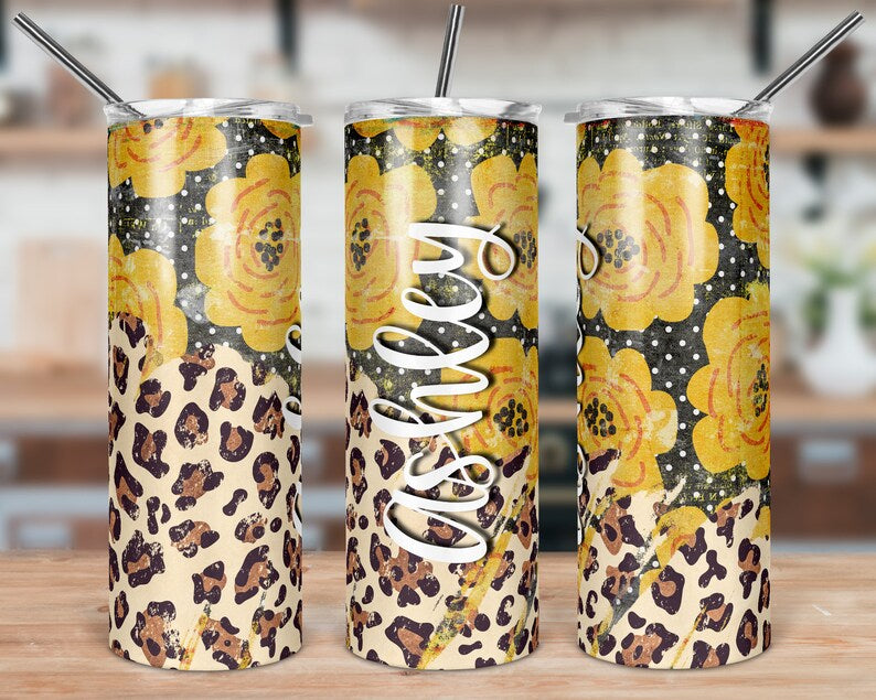 Boho Yellow Floral Leopard Print Skinny Tumbler