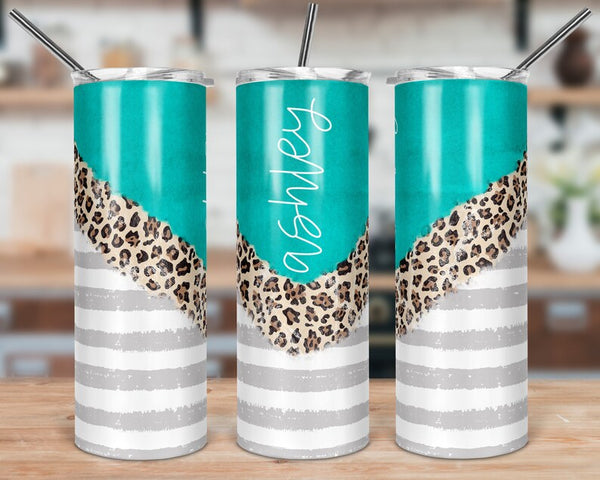 Turquoise and Leopard Print Striped Skinny Tumbler