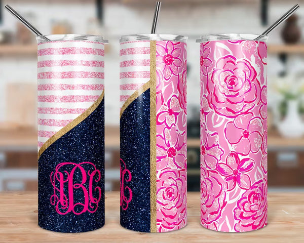 Pink and Navy Floral Glitter Skinny Tumbler