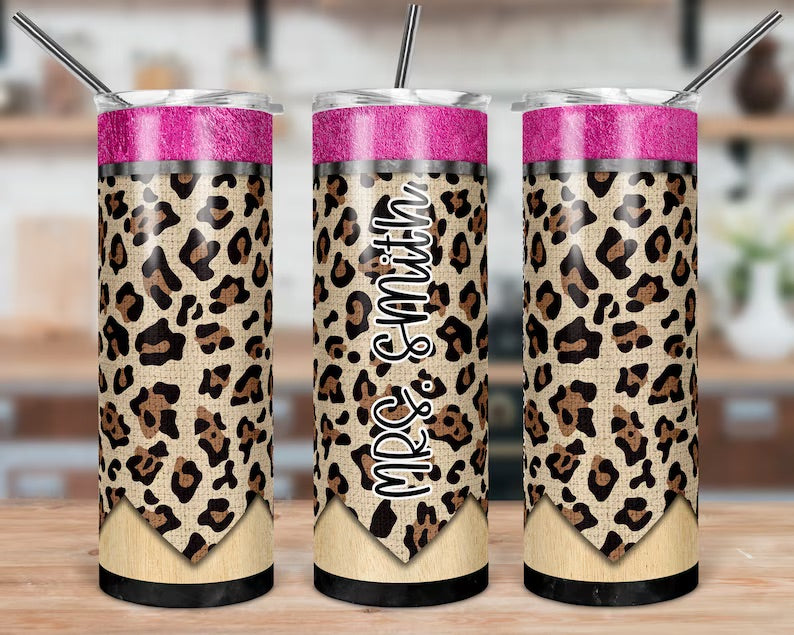 Leopard Print Teacher Pencil Skinny Tumbler