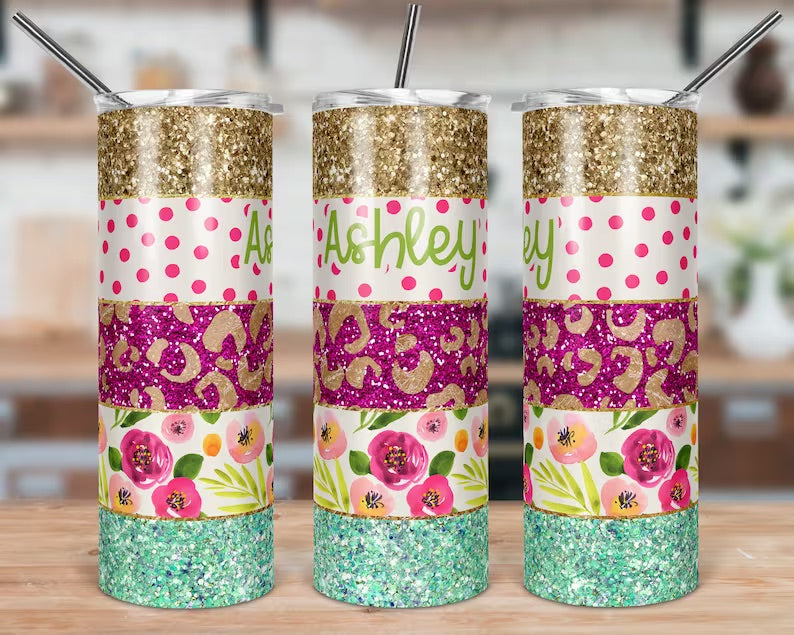 Floral Striped Glitter Skinny Tumbler