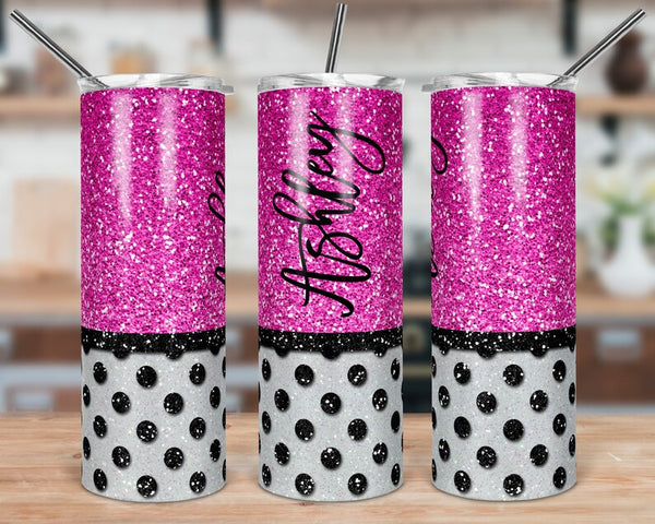 Hot Pink and Black Glitter Polka Dot Skinny Tumbler