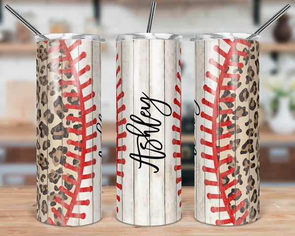 Wooden Leopard Print Baseball Skinny Tumbler