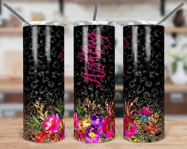 Black Glitter Leopard Floral Skinny Tumbler