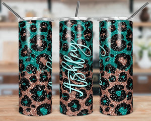 Turquoise and Rose Gold Glitter Leopard Skinny Tumbler