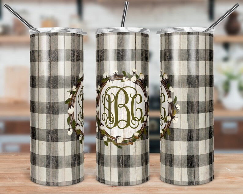 Wooden Buffalo Plaid and Cotton Wreath Shiplap Farmhouse Skinny Tumbler