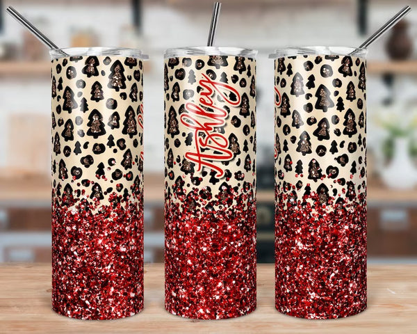 Glitter Christmas Tree Leopard Skinny Tumbler