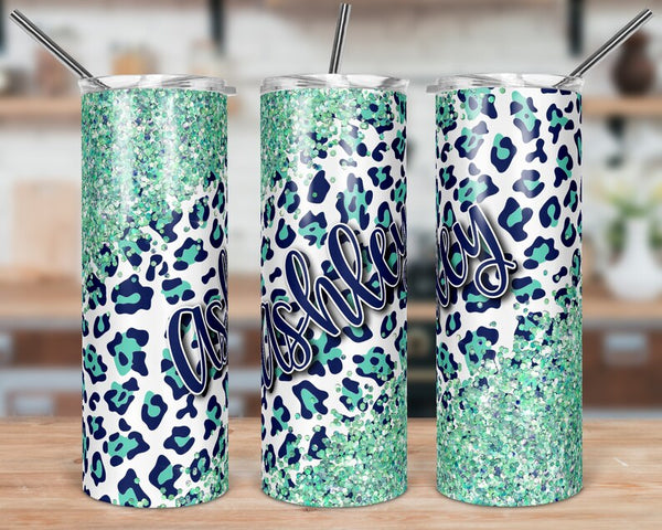 Navy Blue and Mint Green Leopard Glitter Skinny Tumbler