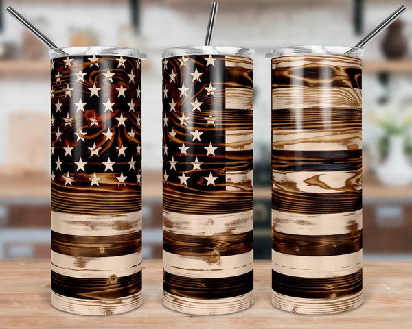 Burnt Wooden American Flag Skinny Tumbler