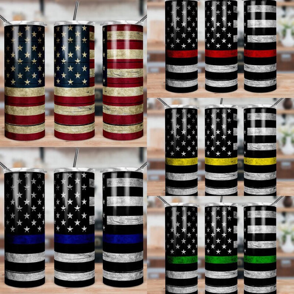 American Flag, Blue, Red, Green, and Yellow Line Skinny Tumbler