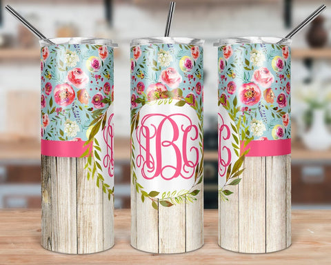 Pink Floral Wood Skinny Tumbler